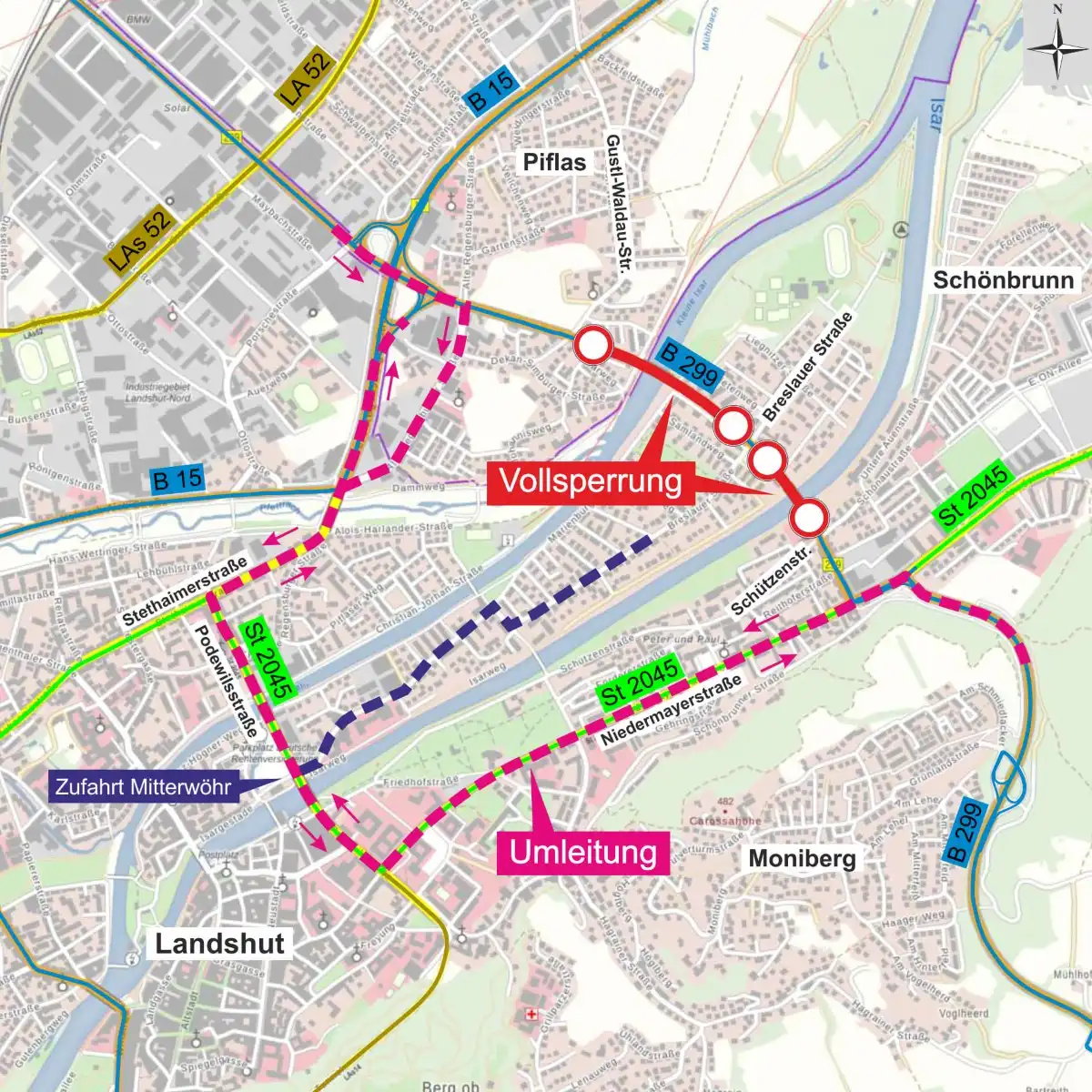 Behelfsumfahrung wird umgebaut: Konrad-Adenauer-Straße (B299) in Landshut für mehrere Nächte gesperrt